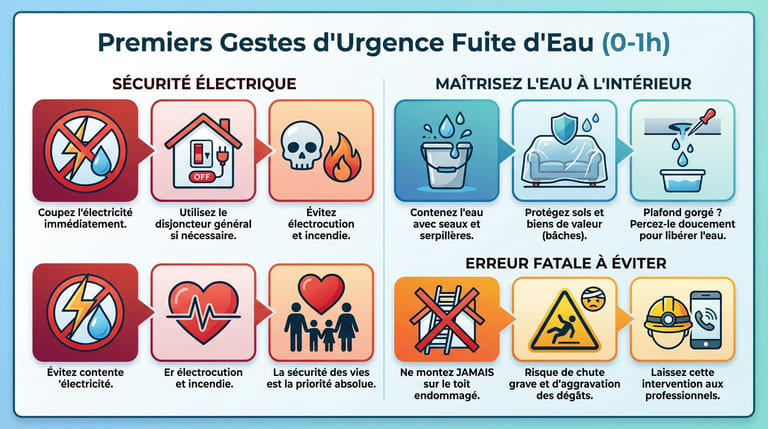 Premiers gestes d'urgence fuite d'eau toiture : couper électricité et sécuriser les biens couvreur Matray L Fils Meyzieu
