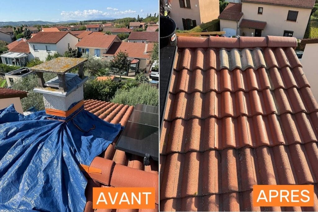 Avant/après de la dépose d'une cheminée et de la reprise d'une toiture en tuiles à Corbas