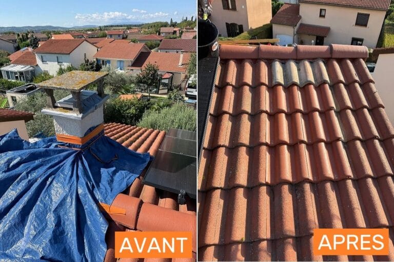 Avant/après de la dépose d'une cheminée et de la reprise d'une toiture en tuiles à Corbas