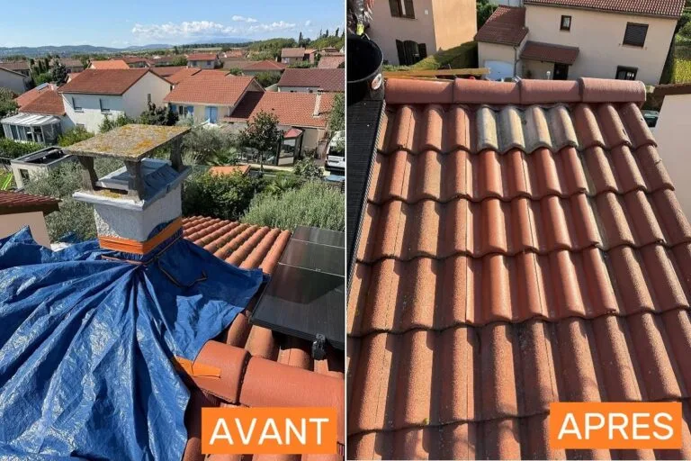 Avant/après de la dépose d'une cheminée et de la reprise d'une toiture en tuiles à Corbas